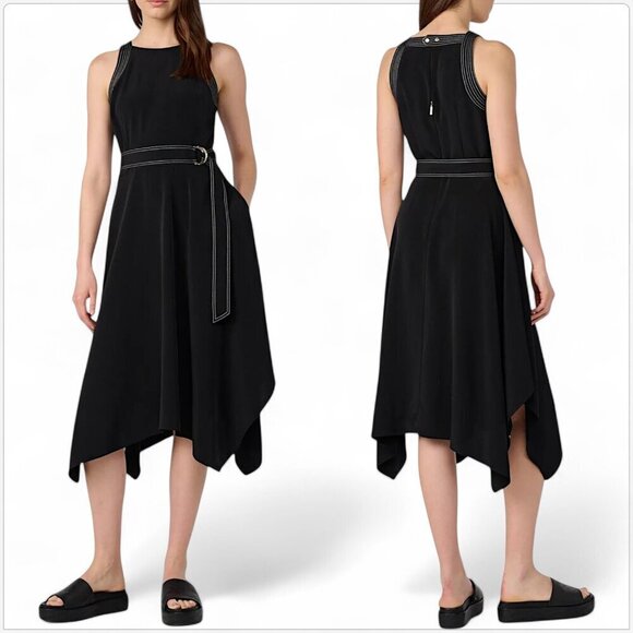 Karl Lagerfeld Black Contrast Stitch Silky Crepe Midi Dress Belted NWT NEW 0 - Picture 1 of 5